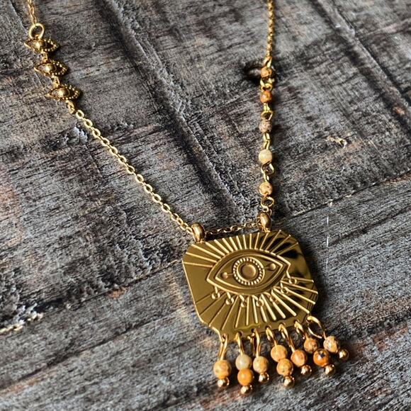 Free People Jewelry - NEW Gold Evil Eye & Stone Pendant Necklace